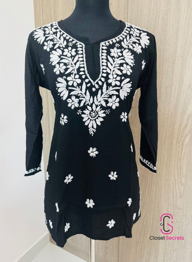 Closet Secrets Classic Black Cotton Mulmul Short Kurti – Handmade Chikankari  - Image 4