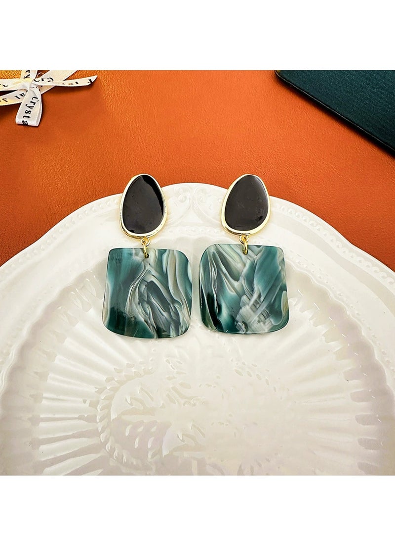 Modern Resin Drop Earrings for Women, Green Marble Geometric Statement Earrings with Black Top, Lightweight Acrylic Dangle Jewelry - Image 5