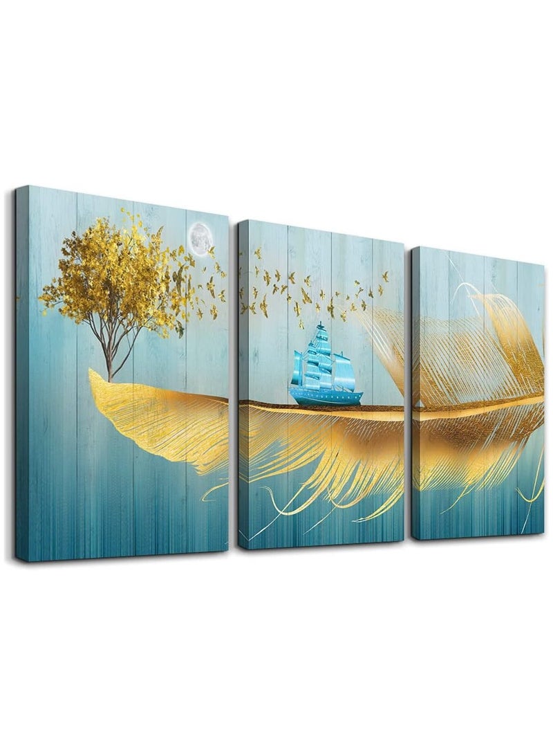 مؤسسة فكرة اليوم ديكور جدار لغرفة النوم، لوحة فنية جدارية من القماش لغرفة المعيشة، صور حديثة، لوحات ريشة ذهبية وشجرة صفراء، ملصقات للمزرعة، مطبوعات للمكتب، مجموعة من 3 قطع - Image 1