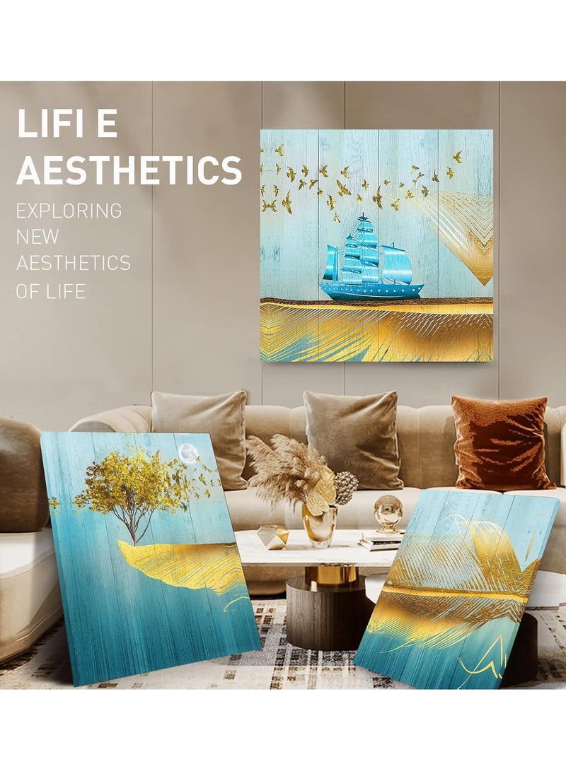 مؤسسة فكرة اليوم ديكور جدار لغرفة النوم، لوحة فنية جدارية من القماش لغرفة المعيشة، صور حديثة، لوحات ريشة ذهبية وشجرة صفراء، ملصقات للمزرعة، مطبوعات للمكتب، مجموعة من 3 قطع - Image 2
