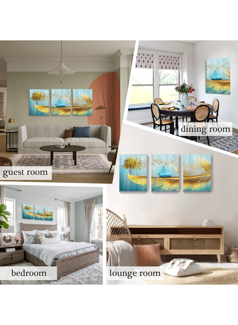 مؤسسة فكرة اليوم ديكور جدار لغرفة النوم، لوحة فنية جدارية من القماش لغرفة المعيشة، صور حديثة، لوحات ريشة ذهبية وشجرة صفراء، ملصقات للمزرعة، مطبوعات للمكتب، مجموعة من 3 قطع - Image 3