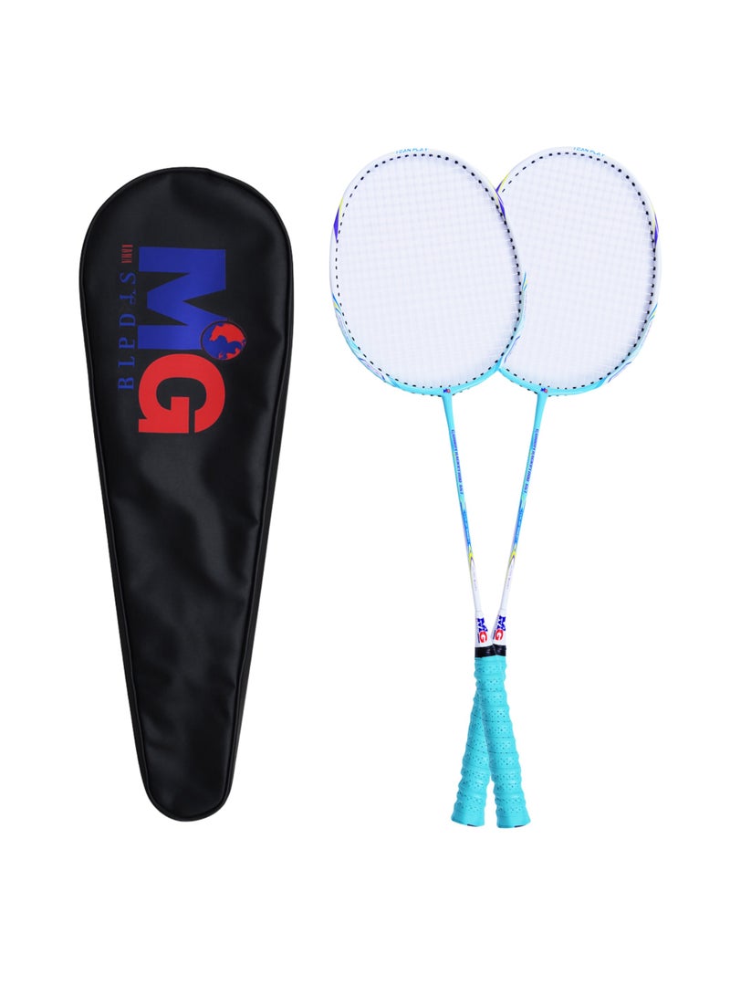 MG 2 Pieces High Carbon Alloy Badminton Set, lightweight Ultra Shaft Badminton Racket, Including Badminton Bag-Blue/White - Image 1