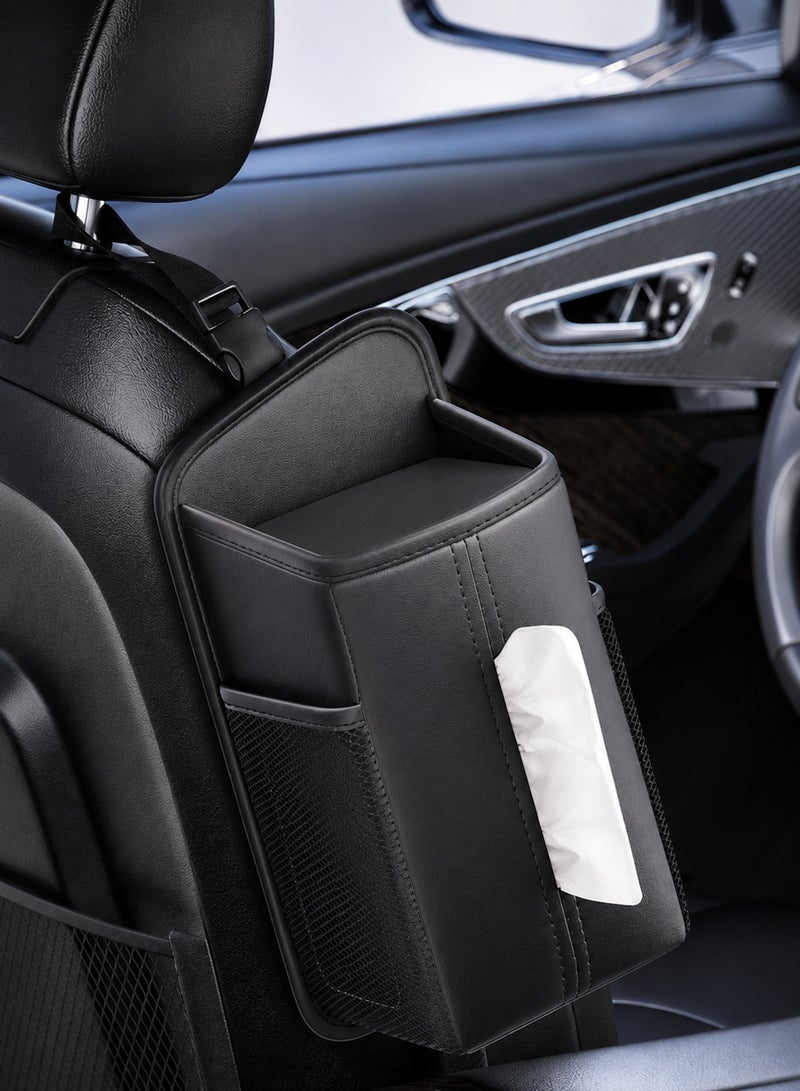 Forthcan Car Tissue Holders Leather Car Seat Back Hanging Organizer, PU Leather Car Storage Box with Side Pockets, Multi-Function Trash Bin for Vehicle Interior Compatible with Most Vehicles - Image 1
