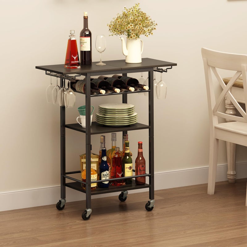 LAATOOREE Bar Cart 4 Tier, Home Serving Cart, Black Mobile Drink Beverage Cart, Rolling Kitchen Shelf with Wine and Glass Holders, for Living Room - Image 1