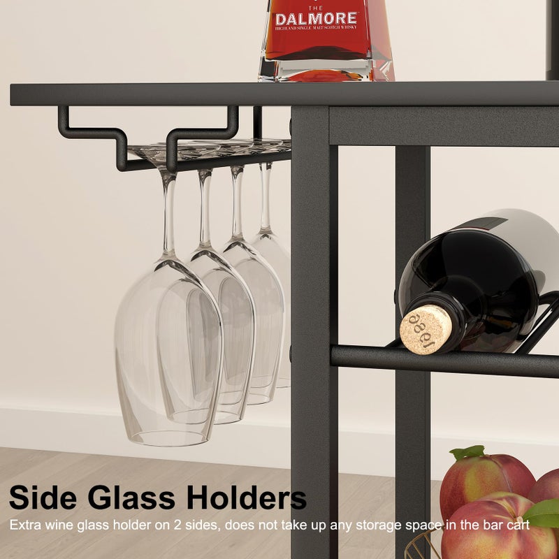 LAATOOREE Bar Cart 4 Tier, Home Serving Cart, Black Mobile Drink Beverage Cart, Rolling Kitchen Shelf with Wine and Glass Holders, for Living Room - Image 5
