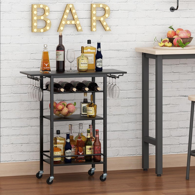LAATOOREE Bar Cart 4 Tier, Home Serving Cart, Black Mobile Drink Beverage Cart, Rolling Kitchen Shelf with Wine and Glass Holders, for Living Room - Image 4
