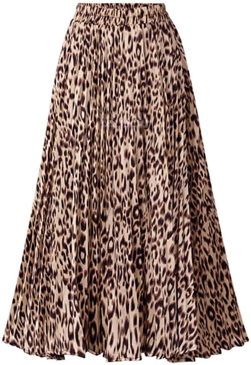 Basoteeuo Womens Skirt Leopard Print Midi Long Shirring Skirts High Waisted A Line Skirtss Yellow XS - Image 1