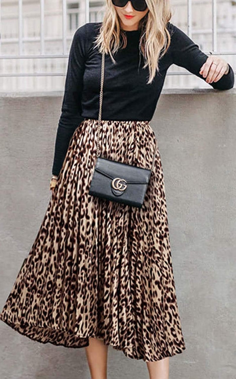 Basoteeuo Womens Skirt Leopard Print Midi Long Shirring Skirts High Waisted A Line Skirtss Yellow XS - Image 2