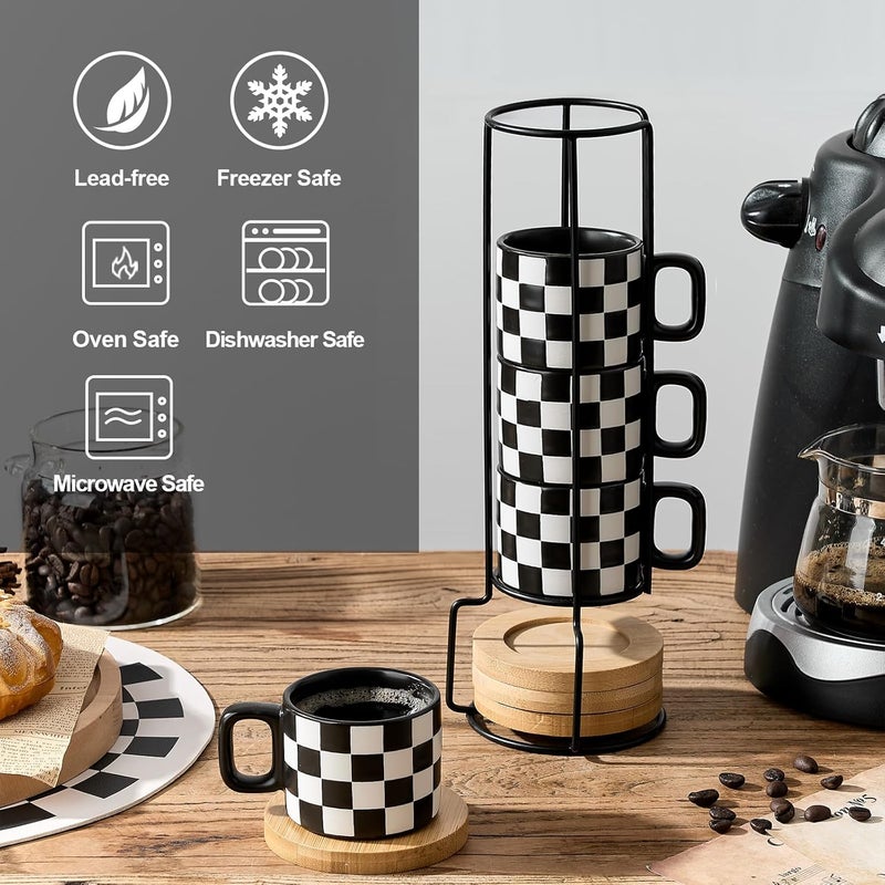 LUKA Porcelain Stackable Black and White Checkered Espresso Cups with Saucers and Metal Stand, 4 Ounce Small Ceramic Demitasse Cups Set for Coffee Drinks, Latte, Tea - Set of 4, Black Interior - Image 4