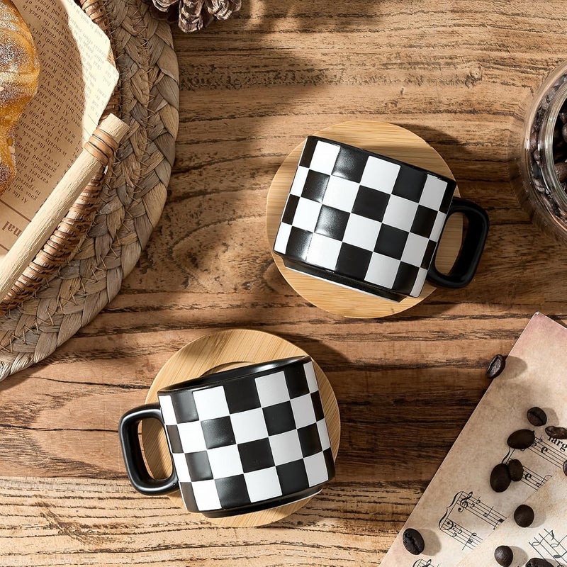 LUKA Porcelain Stackable Black and White Checkered Espresso Cups with Saucers and Metal Stand, 4 Ounce Small Ceramic Demitasse Cups Set for Coffee Drinks, Latte, Tea - Set of 4, Black Interior - Image 5