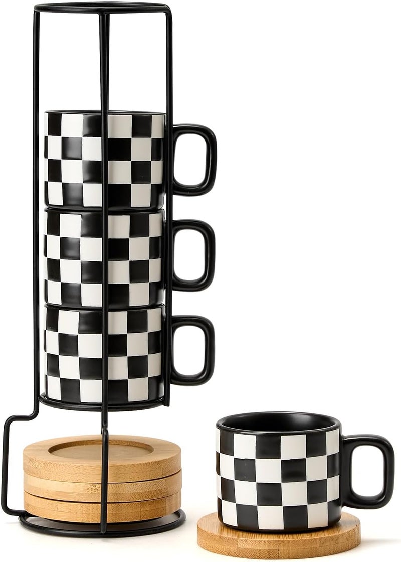 LUKA Porcelain Stackable Black and White Checkered Espresso Cups with Saucers and Metal Stand, 4 Ounce Small Ceramic Demitasse Cups Set for Coffee Drinks, Latte, Tea - Set of 4, Black Interior - Image 1