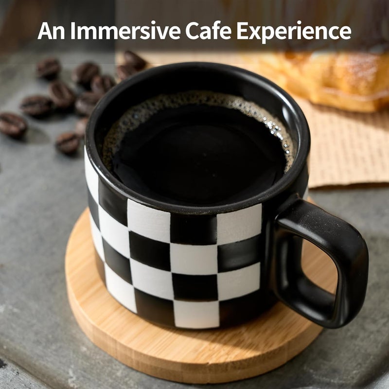 LUKA Porcelain Stackable Black and White Checkered Espresso Cups with Saucers and Metal Stand, 4 Ounce Small Ceramic Demitasse Cups Set for Coffee Drinks, Latte, Tea - Set of 4, Black Interior - Image 3