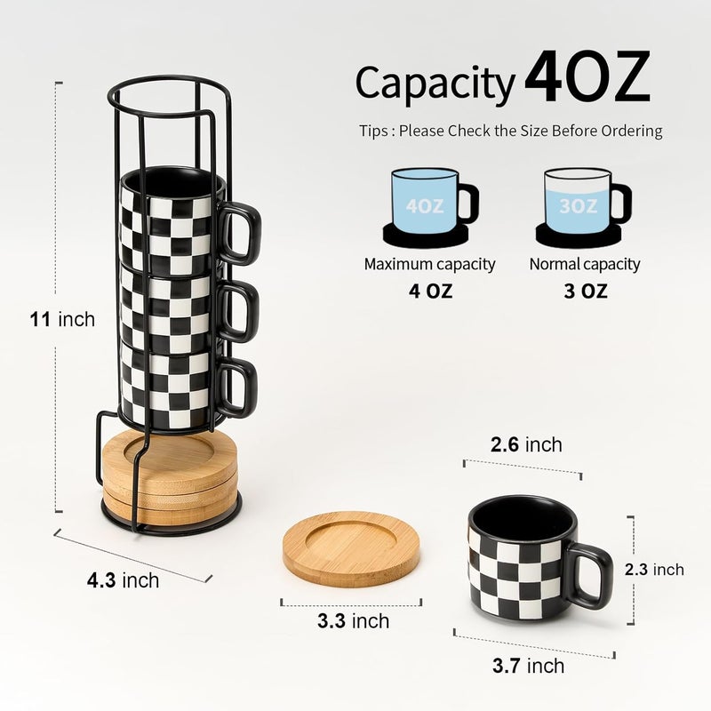 LUKA Porcelain Stackable Black and White Checkered Espresso Cups with Saucers and Metal Stand, 4 Ounce Small Ceramic Demitasse Cups Set for Coffee Drinks, Latte, Tea - Set of 4, Black Interior - Image 2