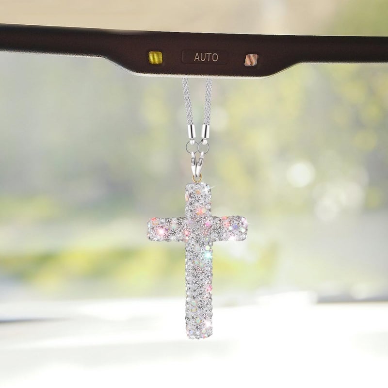 ZIMISI Bling Cross Car Hanging Ornament, Crystal Rhinestone Car Rearview Mirror Pendant for Women, Diamond Rear View Mirror Charm Present, Universal Vehicle Interior Decoration Accessory (White) - Image 1