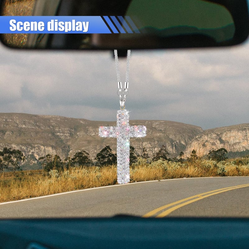 ZIMISI Bling Cross Car Hanging Ornament, Crystal Rhinestone Car Rearview Mirror Pendant for Women, Diamond Rear View Mirror Charm Present, Universal Vehicle Interior Decoration Accessory (White) - Image 3