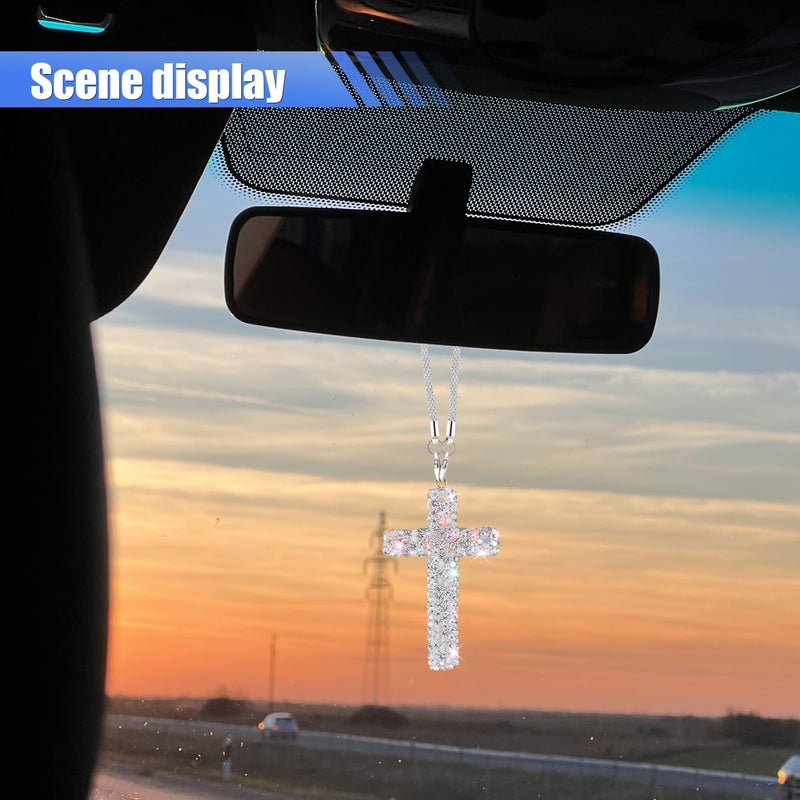 ZIMISI Bling Cross Car Hanging Ornament, Crystal Rhinestone Car Rearview Mirror Pendant for Women, Diamond Rear View Mirror Charm Present, Universal Vehicle Interior Decoration Accessory (White) - Image 5