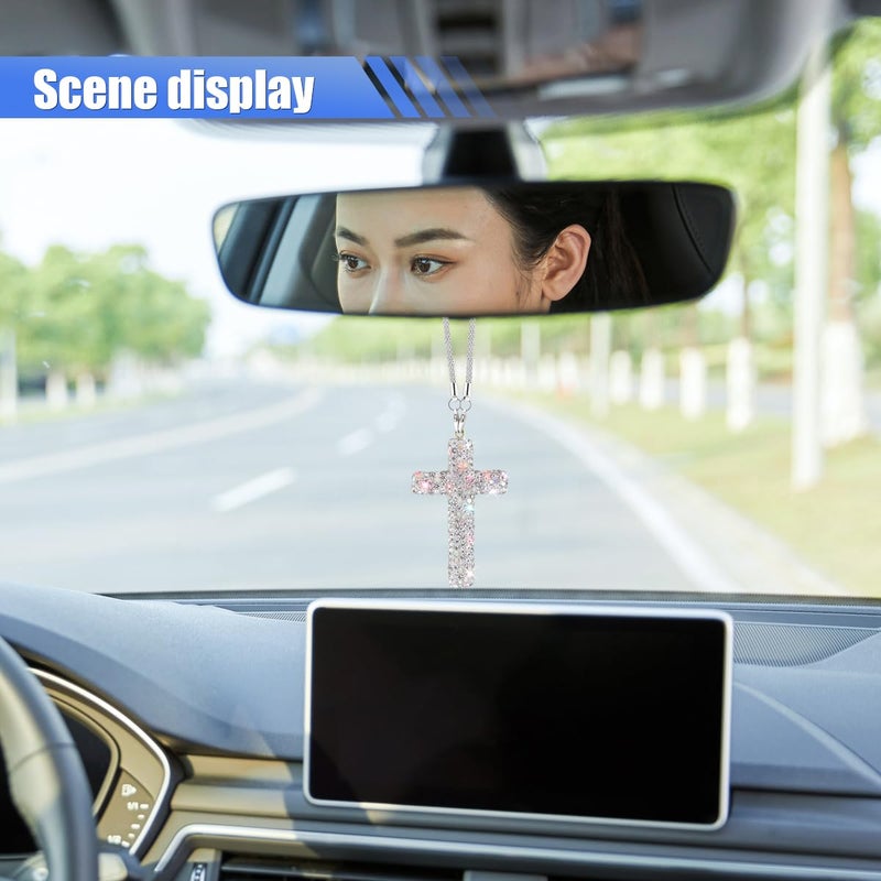 ZIMISI Bling Cross Car Hanging Ornament, Crystal Rhinestone Car Rearview Mirror Pendant for Women, Diamond Rear View Mirror Charm Present, Universal Vehicle Interior Decoration Accessory (White) - Image 4