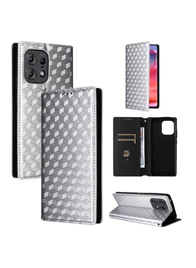 HuHa Case Cover For Motorola Edge 50 Pro Cubic Grid Texture Flip Leather Phone Case(Silver) - Image 1