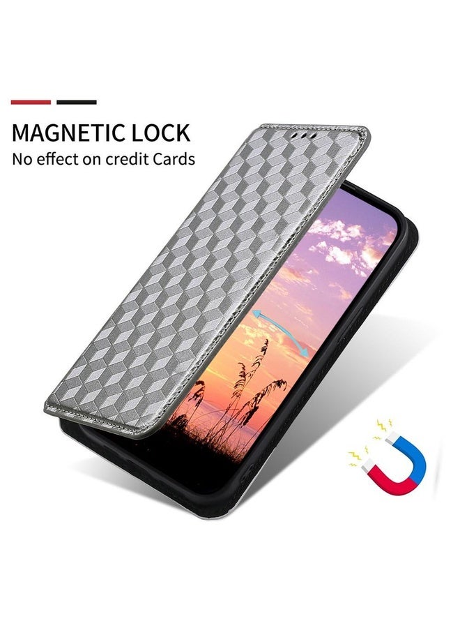 HuHa Case Cover For Motorola Edge 50 Pro Cubic Grid Texture Flip Leather Phone Case(Silver) - Image 5