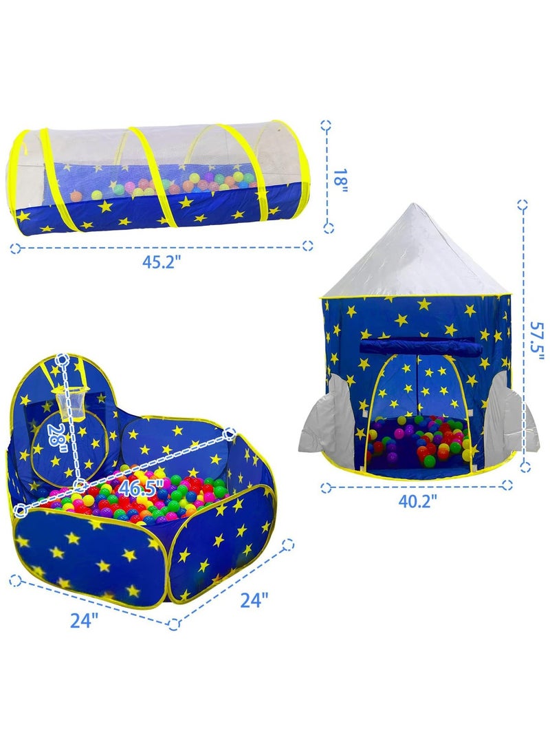 NNEWVANTE خيمة لعب للأطفال 3 قطع للأولاد مع حفرة كرات، نفق زحف، خيام أميرات للأطفال الصغار، ألعاب بيت الفضاء للأطفال، بيت لعب داخلي وخارجي للأولاد، هدايا مثالية للأطفال. أزرق - Image 2