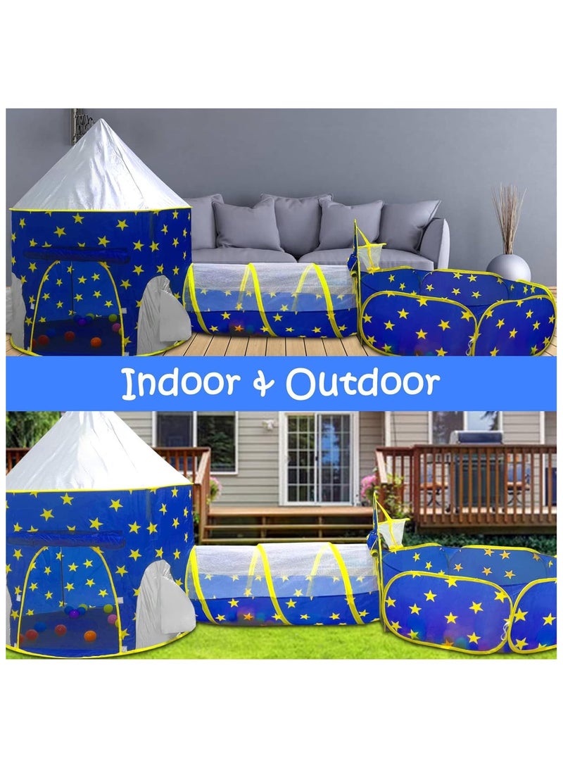 NNEWVANTE خيمة لعب للأطفال 3 قطع للأولاد مع حفرة كرات، نفق زحف، خيام أميرات للأطفال الصغار، ألعاب بيت الفضاء للأطفال، بيت لعب داخلي وخارجي للأولاد، هدايا مثالية للأطفال. أزرق - Image 4