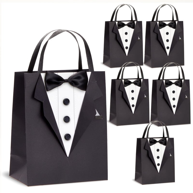 Sparkle and Bash 6 Pack Gift Bags with 3D Tuxedo Design Satin Bow Tie Real Buttons for Wedding Groomsmen Bachelor or Birthday Party Celebration Black 8 x 45 x 10 Inches