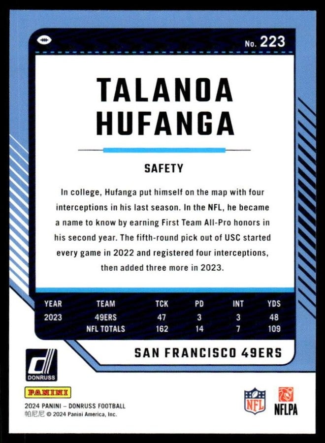 2024 Donruss #223 Talanoa Hufanga NMMT 49ers - Image 2