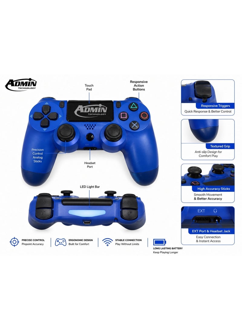 ADMIN TECHNOLOGY Professional Wireless Controller for PlayStation 4 (PS4/Slim/Pro/) with 6-Axis Motion Sensor, Interactive Touchpad, 3.5mm Audio Jack, and Dual Vibration - High-Precision Royal Blue Gamepad - Admin Technology - Image 2