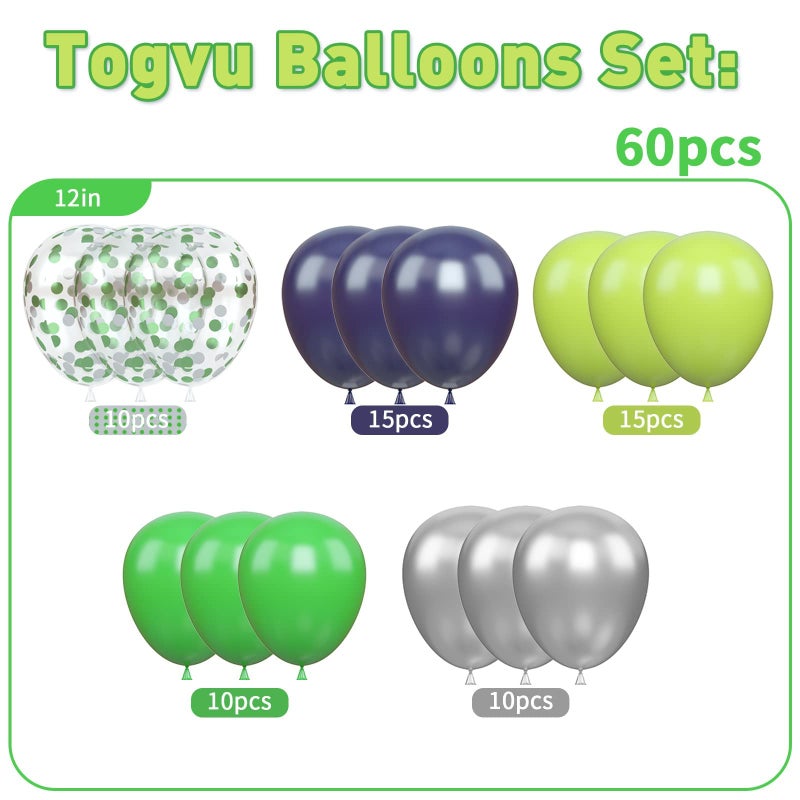 Togvu 60 Pcs Navy Blue Matte Light Green Silver Latex Party Balloons with Green Silver Confetti for Birthday Party Decoration - Image 2