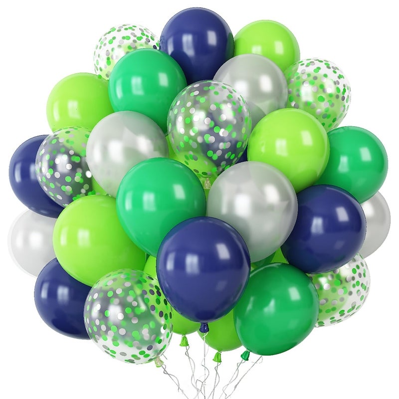 Togvu 60 Pcs Navy Blue Matte Light Green Silver Latex Party Balloons with Green Silver Confetti for Birthday Party Decoration - Image 1