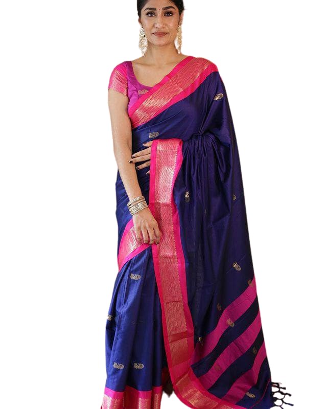 SGF11 Women's Kanjivaram Soft Lichi Silk Saree With Blouse Piece (Dark Blue 02) - Image 1