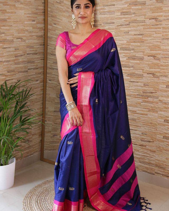 SGF11 Women's Kanjivaram Soft Lichi Silk Saree With Blouse Piece (Dark Blue 02) - Image 2
