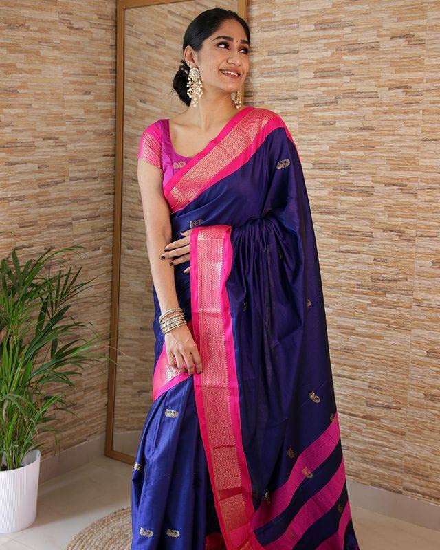 SGF11 Women's Kanjivaram Soft Lichi Silk Saree With Blouse Piece (Dark Blue 02) - Image 3