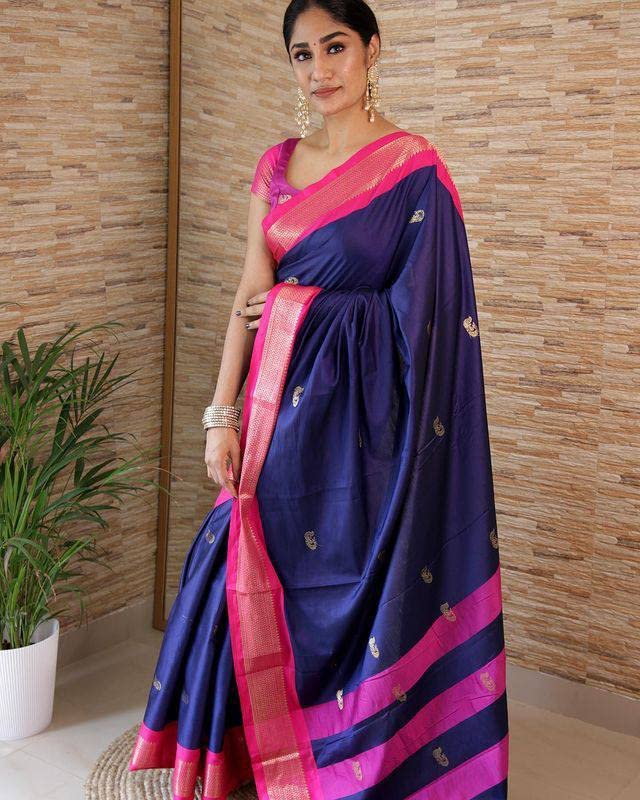 SGF11 Women's Kanjivaram Soft Lichi Silk Saree With Blouse Piece (Dark Blue 02) - Image 4