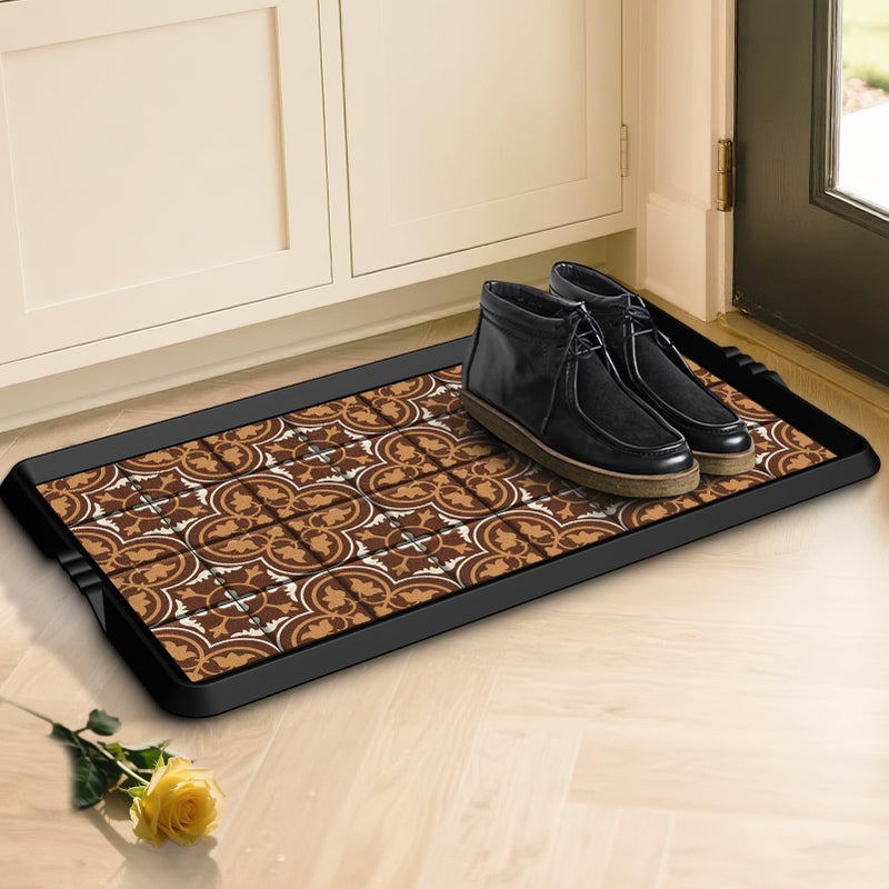 BEHERO Boot Tray Shoe Mat Decorative Patterned, Rubber Boot Matt Tray Indoor and Outdoor Use, 16" x27.5" Shoe Cleaning Mat Non-Slip, Shoe Storage Waterproof with Artistic Prints for Entryway(Brown) - Image 1