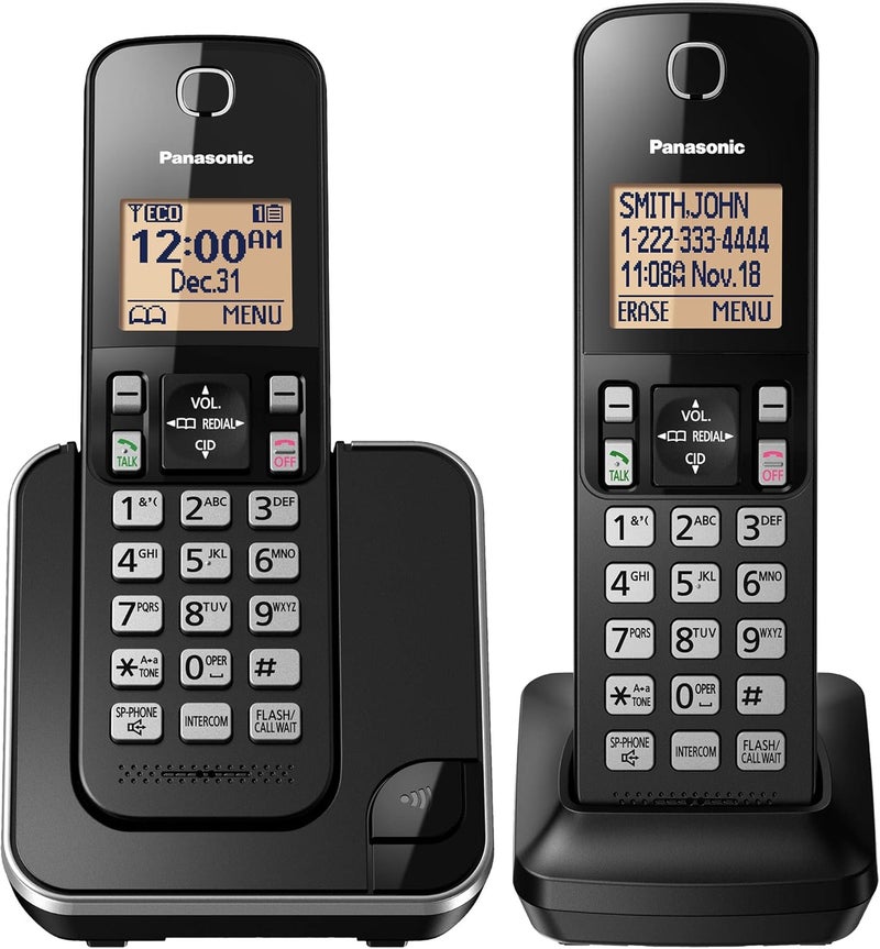 Panasonic Expandable Cordless Phone System with Amber Backlit Display  2 Handsets  KXTGC352B Black - Image 1