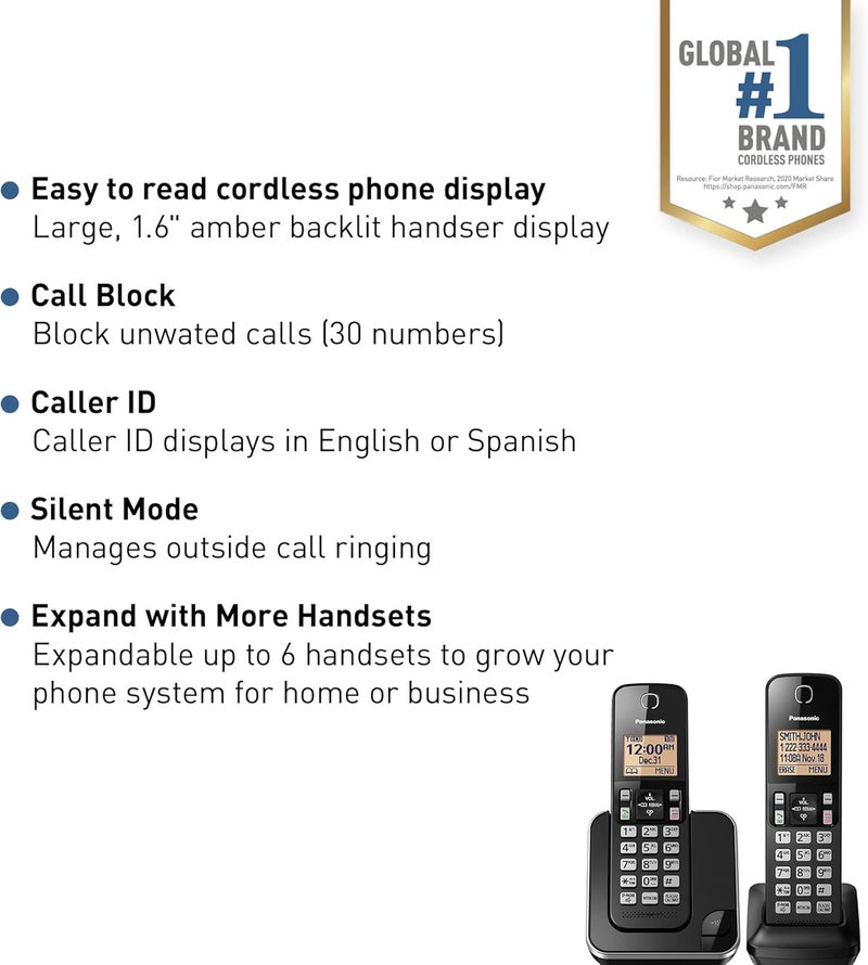 Panasonic Expandable Cordless Phone System with Amber Backlit Display  2 Handsets  KXTGC352B Black - Image 2