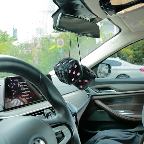 YGMONER Black Fuzzy Dice for Car Rear View Mirror, Pair of 2.75" Plush Dice Retro Hanging Ornaments Car Interior Rearview Mirror Decor Accessories (Black with Pink Embroidered Dots) - Image 4