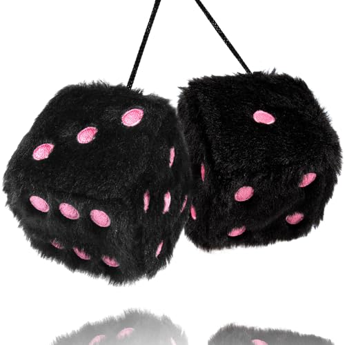 YGMONER Black Fuzzy Dice for Car Rear View Mirror, Pair of 2.75" Plush Dice Retro Hanging Ornaments Car Interior Rearview Mirror Decor Accessories (Black with Pink Embroidered Dots) - Image 1