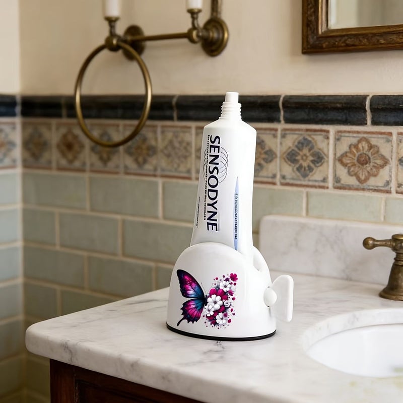1 Manual Toothpaste Dispenser No Waste Easy To Use Squeezer Purple Butterflies And Flowers Pattern For Bathroom Organization Toothpaste And Hair Dye Ideal Home - Image 1