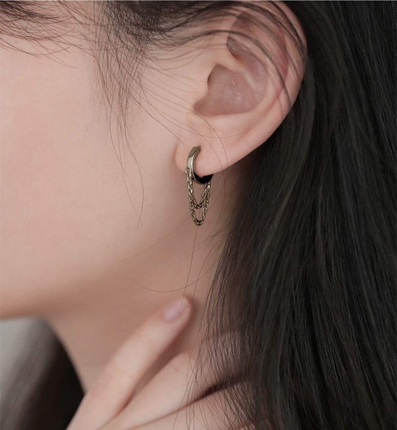 Dtja Tassel Chain Drop Dangle Small Hoop Earrings for Women Girls 925 Sterling Silver Huggie Helix Cartilage Tragus Daith Piercing Cuff Minimalist Fashion Personalized Punk Jewelry (Black) - Image 2