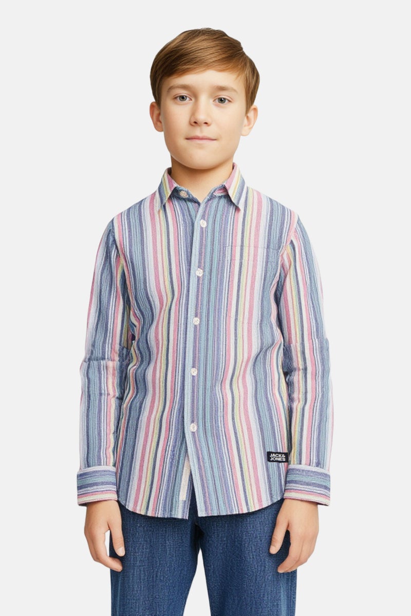 JACK & JONES Kids Boy Stripe Long Sleeve Casual Shirt, Multicolor - Image 1