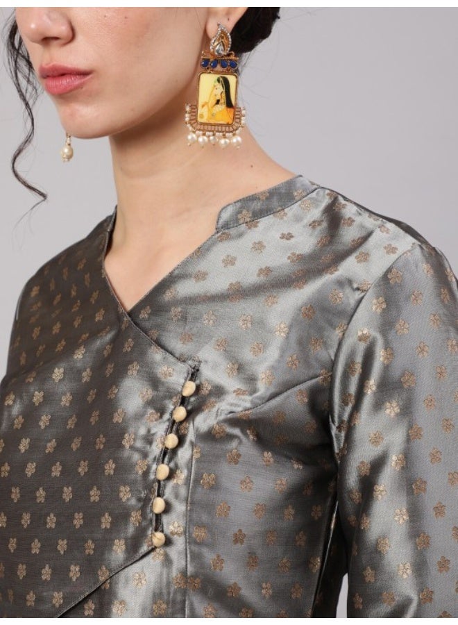 AKS Grey Gold Zari Work Lehenga Choli With Dupatta - Image 2
