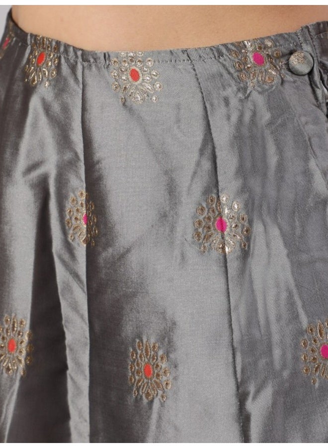 AKS Grey Gold Zari Work Lehenga Choli With Dupatta - Image 3