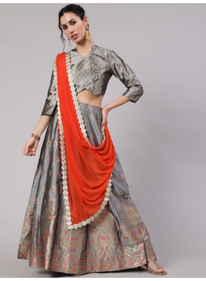 AKS Grey Gold Zari Work Lehenga Choli With Dupatta - Image 1