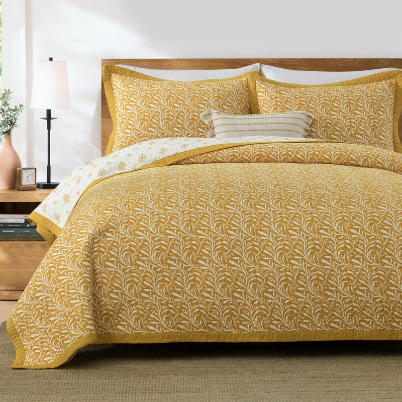 SahSahCasa Quilt Set Queen Size, 100% Cotton Quilt Bedding Set Bedspread, Botanical Pattern Solid Color Chic Lightweight Quilted Comforter for Queen Bed, Mustard Yellow, All Season, 3 Pieces - Image 2