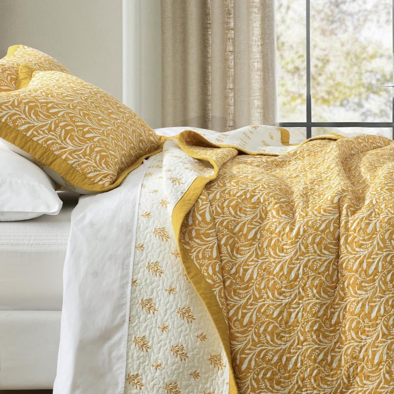 SahSahCasa Quilt Set Queen Size, 100% Cotton Quilt Bedding Set Bedspread, Botanical Pattern Solid Color Chic Lightweight Quilted Comforter for Queen Bed, Mustard Yellow, All Season, 3 Pieces - Image 3