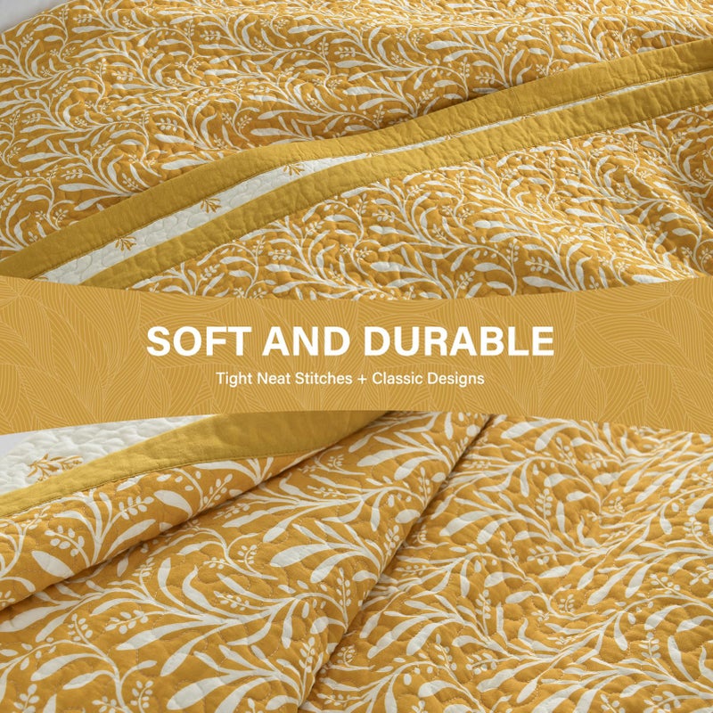 SahSahCasa Quilt Set Queen Size, 100% Cotton Quilt Bedding Set Bedspread, Botanical Pattern Solid Color Chic Lightweight Quilted Comforter for Queen Bed, Mustard Yellow, All Season, 3 Pieces - Image 4