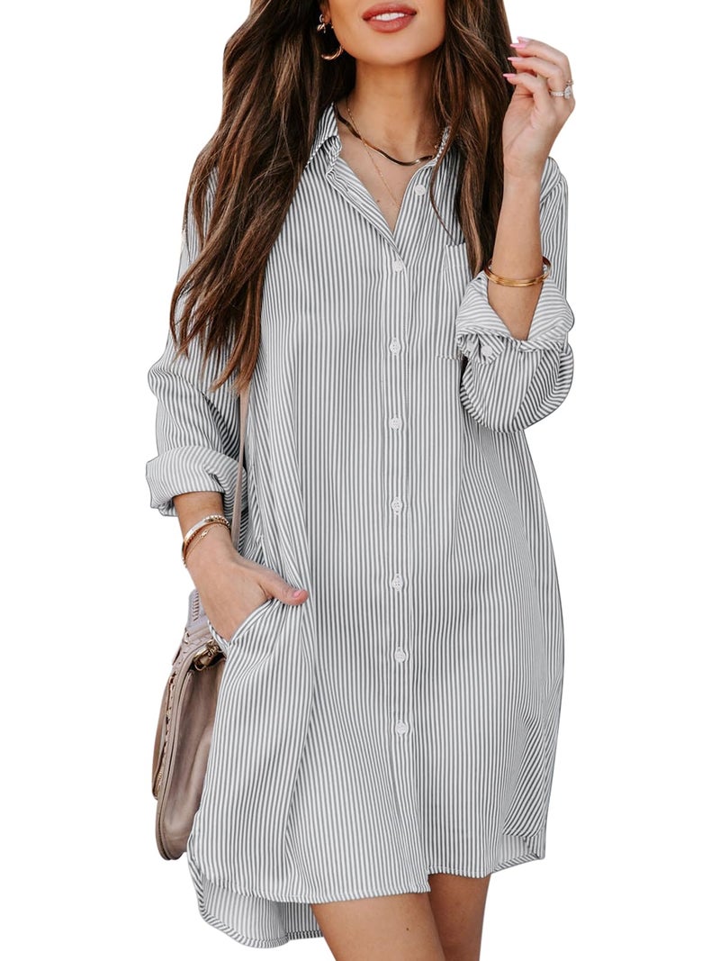 Aoudery Womens Button Down Shirt Dresses with Pockets Striped Cotton Shirts Collared Long Sleeve High Low Blouse TopsLight Gray M