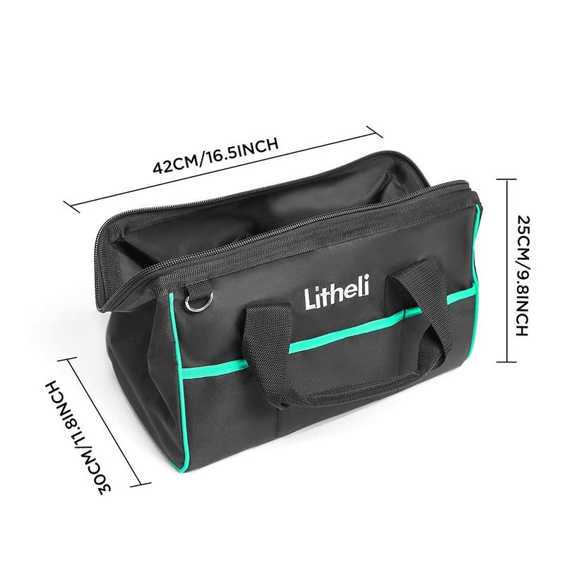 Litheli Tough Tool Bag 16-inch, Close Top, Wide Mouth, Ample Storage, w/Adjustable Shoulder Strap & 14 Pockets, Black - Image 4
